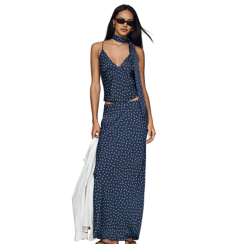NWT Anthropologie Polka Dot 2 Piece Set Navy Blue Maxi Skirt Camisole Scarf L